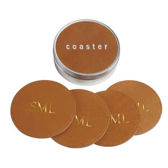 British Tan Leather Coasters with Tin Box